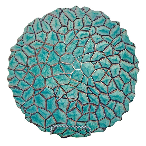GLASS DECORATIVE DISH-Green Turquoise-Mosaic Pattern-Silver Back-12.5" Diameter - Picture 7 of 10